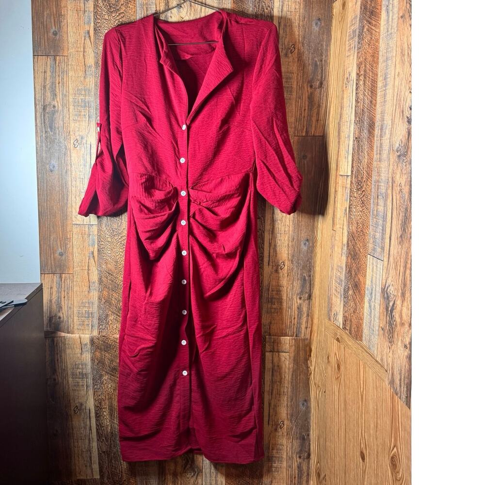 SHEIN Burgundy Button Front Tie Waist Midi Dress | Size S (US 4 /‎ EU 36)